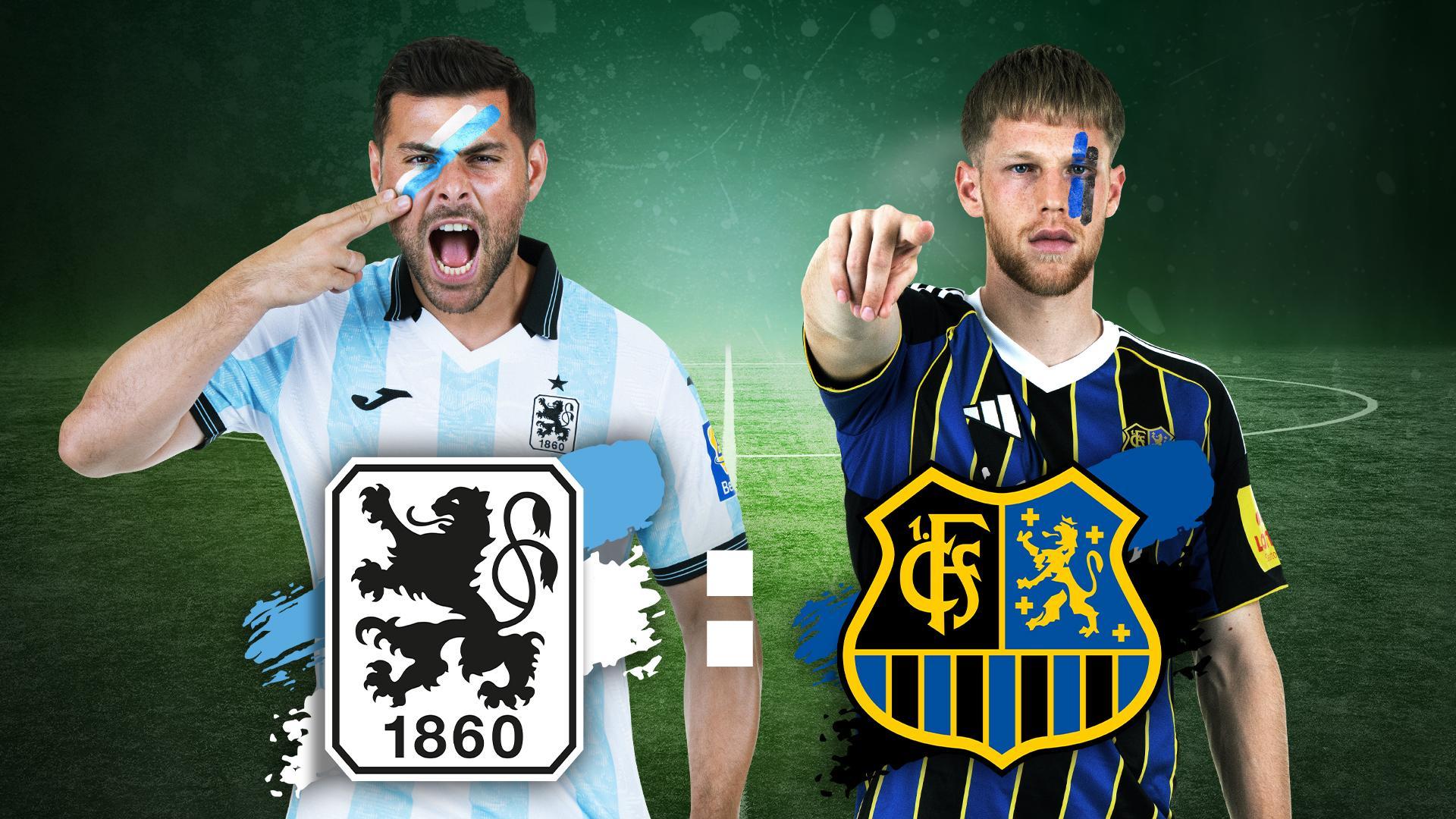 Werbegrafik 3. Liga mit Logos und Spielern von 1860 München und Saarbrücken vor Fußball-Hintergrund